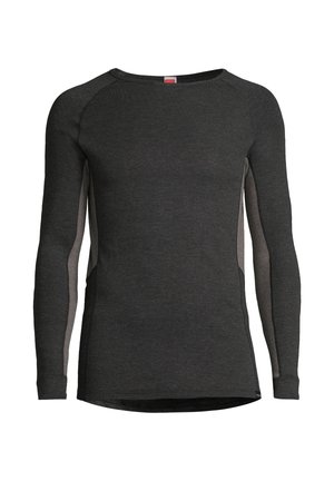 Dark gray long-sleeve shirt made of soft fabric; features raglan sleeves with lighter gray side panels and a rounded neckline.