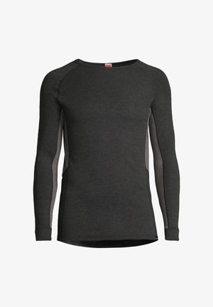 Dark gray long-sleeve shirt made of soft fabric; features raglan sleeves with lighter gray side panels and a rounded neckline.