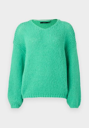 Mintgroene, chunky gebreide trui met een V-hals, lange mouwen en een zachte textuur. Heeft een relaxte pasvorm en ribgebreide manchetten.