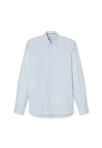 Hellblaues Langarmhemd mit weißen vertikalen Streifen, Knopfleiste, Standardkragen, weichem Stoff und abgerundetem Saum.