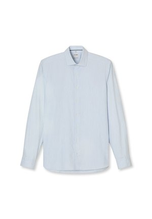 Hellblaues Langarmhemd mit weißen vertikalen Streifen, Knopfleiste, Standardkragen, weichem Stoff und abgerundetem Saum.