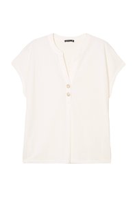 Ivory kortemouwen top, losse pasvorm, met een V-halslijn en twee houten knopen aan de voorkant. Zachte stof met een gladde textuur.