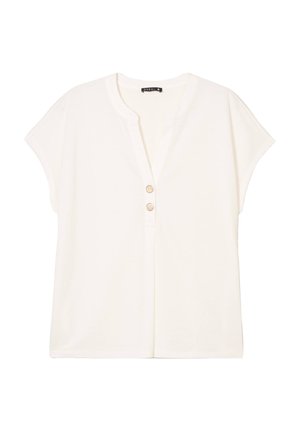 Ivory kortemouwen top, losse pasvorm, met een V-halslijn en twee houten knopen aan de voorkant. Zachte stof met een gladde textuur.