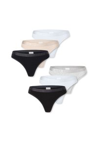 Ensemble de six paires de strings pour femmes en noir, blanc, beige clair et gris. Comprend une ceinture élastique avec le logo de la marque, fabriqué en tissu doux.