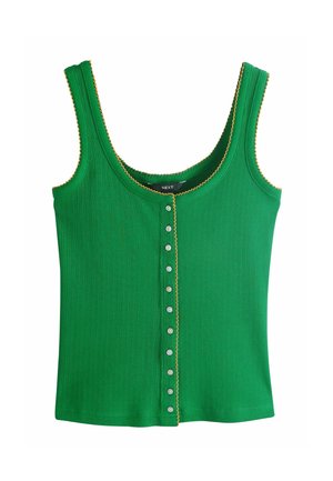 Grünes, geripptes ärmelloses Oberteil mit Rundhalsausschnitt, Knopfleiste vorne und gelbem, wellenförmigem Besatz an den Rändern.