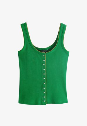 Grünes, geripptes ärmelloses Oberteil mit Rundhalsausschnitt, Knopfleiste vorne und gelbem, wellenförmigem Besatz an den Rändern.