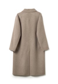 Lange beige wollen jas met een rechte snit, lange mouwen, kraag en een centrale achternaad, weergegeven vanaf de achterkant op een witte achtergrond.