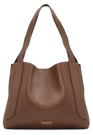Braune Leder-Schultertasche mit breiten Trägern und goldenem "kazar" Logo auf der Vorderseite in der Mitte, mit einer einfachen, glatten Textur.