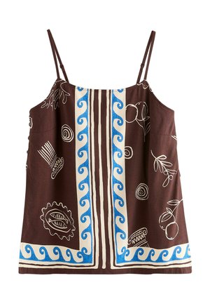 Braunes ärmelloses Oberteil mit dünnen Trägern, verziert mit weißen und blauen Wellenmustern sowie abstrakten botanischen und geometrischen Designs.