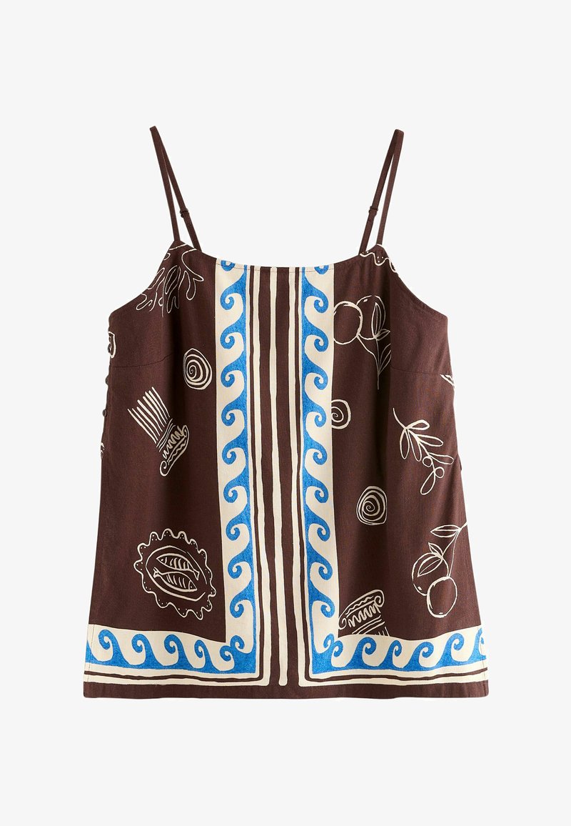 Haut marron sans manches avec fines bretelles, présentant des motifs de vagues blanches et bleues ainsi que des dessins botaniques abstraits et géométriques.