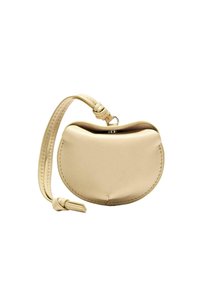 Beige leather handbag with a rounded shape and a top opening. Features a braided strap and visible stitching along the edges.