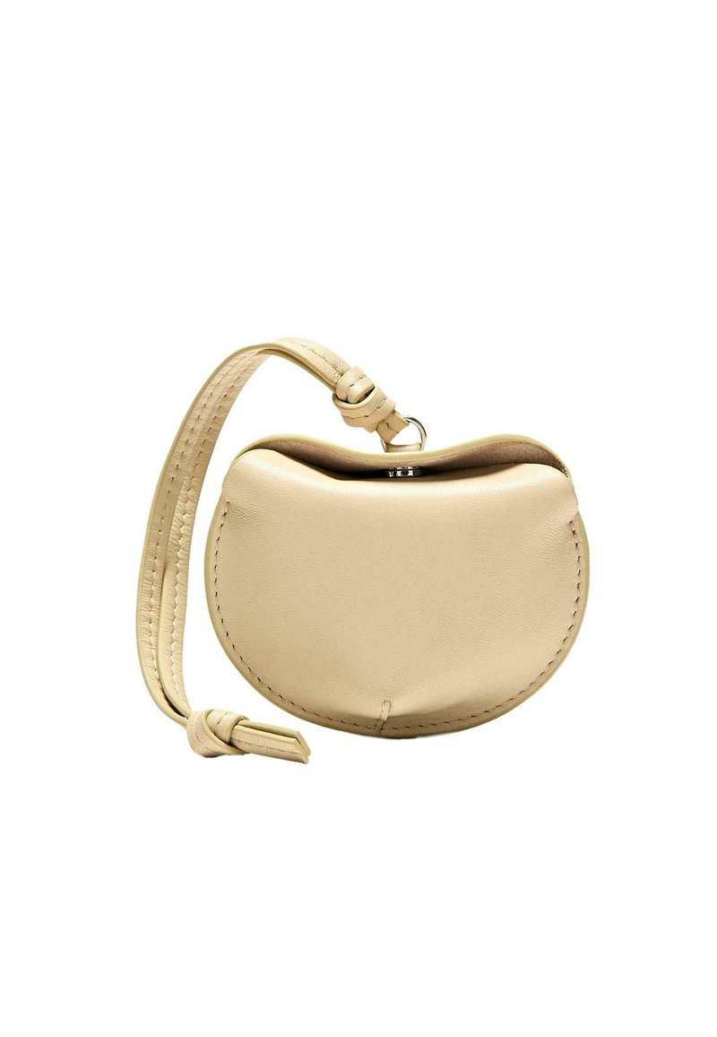 Beige leather handbag with a rounded shape and a top opening. Features a braided strap and visible stitching along the edges.