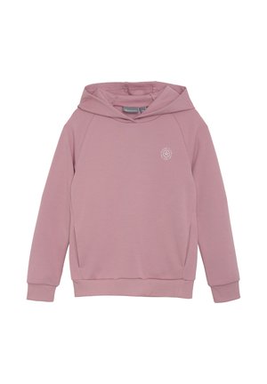 Felpa rosa con un tessuto morbido, una tasca a marsupio e un piccolo logo sul petto. Il design include un cappuccio e polsini a costine.