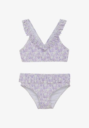Tvådelad bikini-set med ett blommigt mönster i lila och vitt. Topp med volangig v-ringning och matchande volangiga bikiniunderdelar.