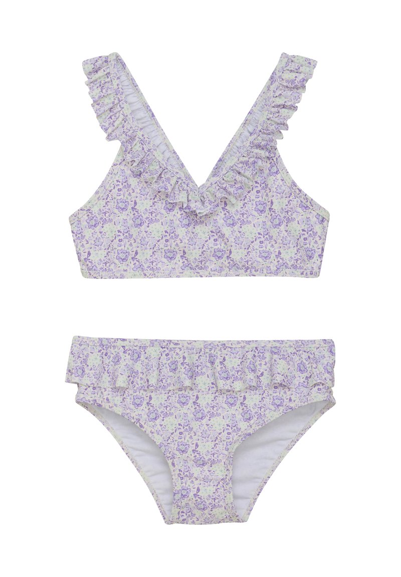 Tvådelad bikini-set med ett blommigt mönster i lila och vitt. Topp med volangig v-ringning och matchande volangiga bikiniunderdelar.
