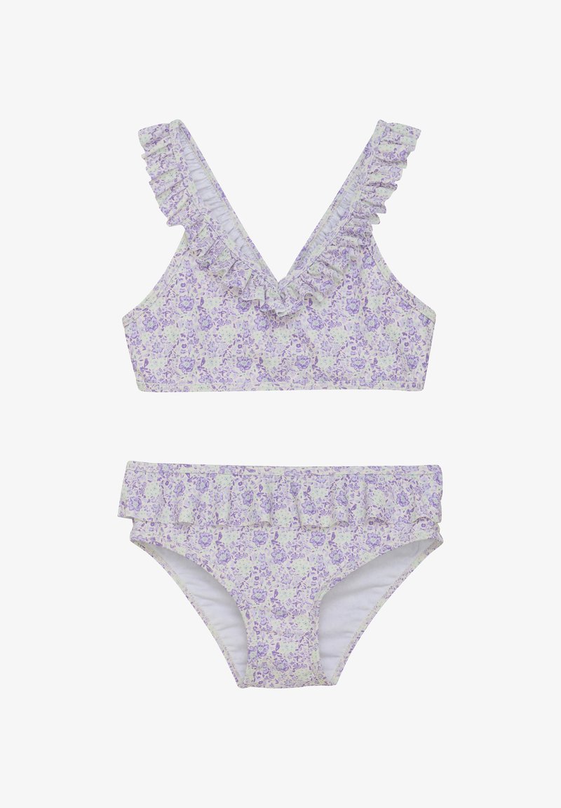 Twee-delig bikini set met een bloemenpatroon in paarse en witte tinten. Top met gerimpelde V-hals en bijpassende gerimpelde bikini onderkant.