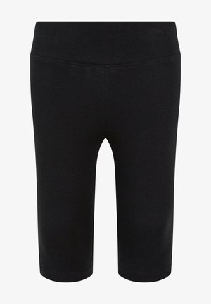 Shorts de cyclisme noirs en tissu extensible. Dotés d'une taille haute et d'une texture lisse. Pas de motifs visibles ni de détails matériels.