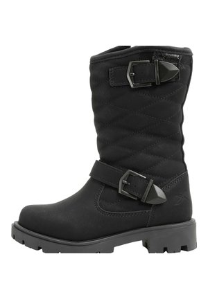 Botte noire mi-mollet avec dessus matelassé, deux boucles décoratives et semelle épaisse à crampons pour un usage extérieur robuste.