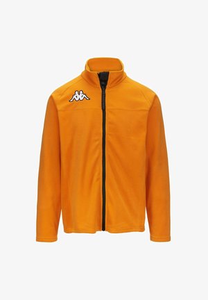 Giacca in pile arancione con colletto alto e zip frontale completa. Zip nera e logo Kappa sul petto sinistro. Tessuto morbido, maniche lunghe.