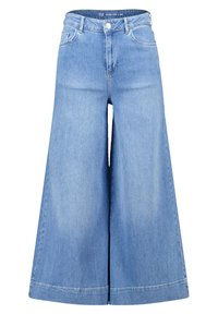 Lichte spijkerbroek met wijde pijpen, voorzien van een hoge taille, minimale stiksel en een knoopsluiting. De pijpen zijn wijd en reiken onder de knie.