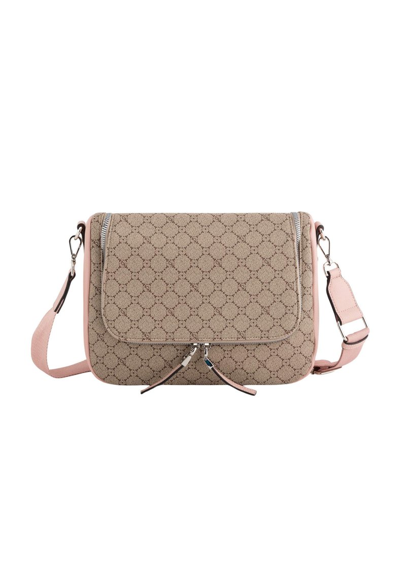 Beige mønstret håndtaske med en glat tekstur, med lynlåslukning og pink skulderrem. Accentueret med sølvhardware.
