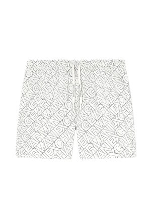 Pantalones cortos blancos con cordón, estampado diagonal de texto negro en toda la prenda y bolsillos delanteros.