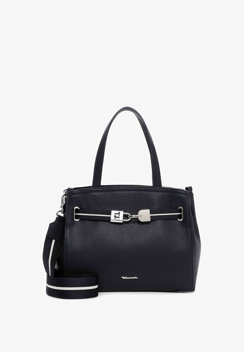 Zwarte leren handtas met een korrelige structuur, dubbele handvatten, afneembare gestreepte schouderriem en zilverkleurige slotdetail aan de voorkant.