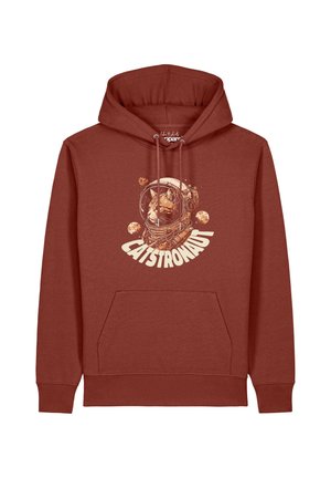 Rostfarbener Hoodie mit einer Zeichnung einer Katze mit Astronautenhelm und dem Text "Catstronaut" unter der Abbildung.