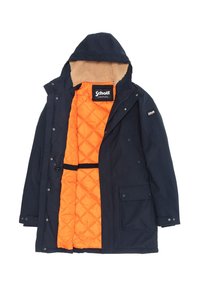 Parka marine avec une doublure matelassée orange, capuche bordée de fourrure, boutons-pression et poche avant. Comprend un cordon de serrage à la taille.