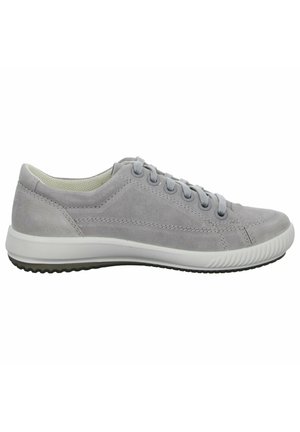 Light gray suede sneaker with white rubber sole, rounded toe, gray laces, and stitched detailing on the sides. Breathable interior lining.