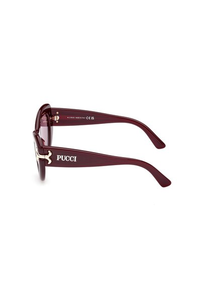 Burgundy sunglasses with plastic frames, featuring gold-tone hardware accents and "PUCCI" branding on the temples. Lenses are tinted.