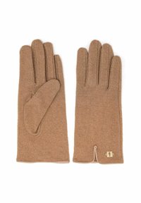 Brązowe wełniane rękawiczki o miękkiej fakturze, z ozdobnym bocznym guzikiem i klasycznym pięciopalczastym krojem.