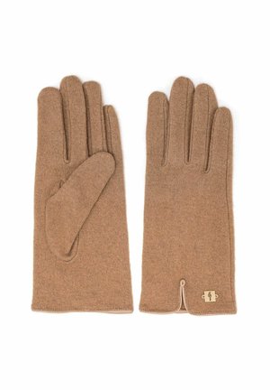 Brązowe wełniane rękawiczki o miękkiej fakturze, z ozdobnym bocznym guzikiem i klasycznym pięciopalczastym krojem.