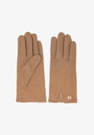 Brązowe wełniane rękawiczki o miękkiej fakturze, z ozdobnym bocznym guzikiem i klasycznym pięciopalczastym krojem.