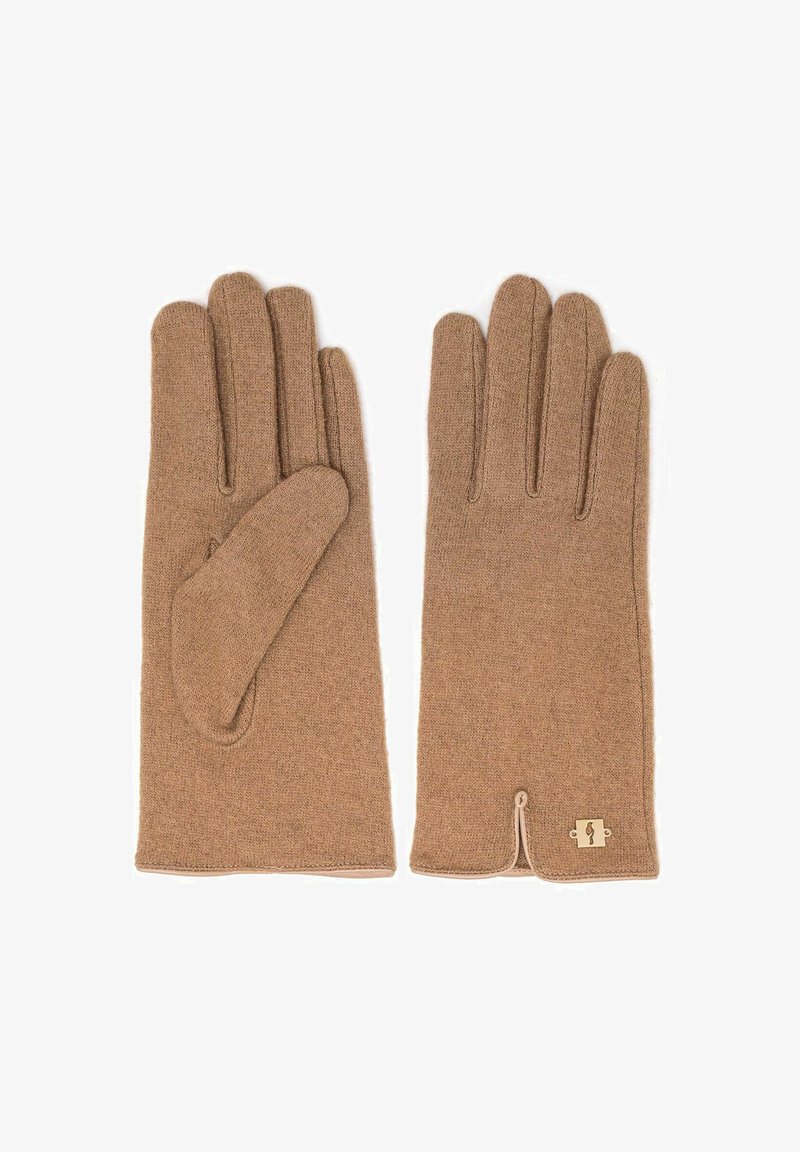 Brązowe wełniane rękawiczki o miękkiej fakturze, z ozdobnym bocznym guzikiem i klasycznym pięciopalczastym krojem.