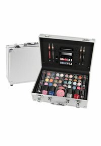 Silver cosmetic case with a textured exterior. Opened, it reveals organized compartments with various colorful makeup products, including lipsticks, eyeshadows, and brushes.
