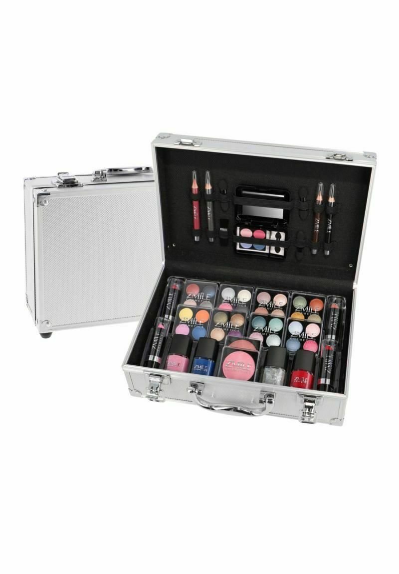 Silver cosmetic case with a textured exterior. Opened, it reveals organized compartments with various colorful makeup products, including lipsticks, eyeshadows, and brushes.