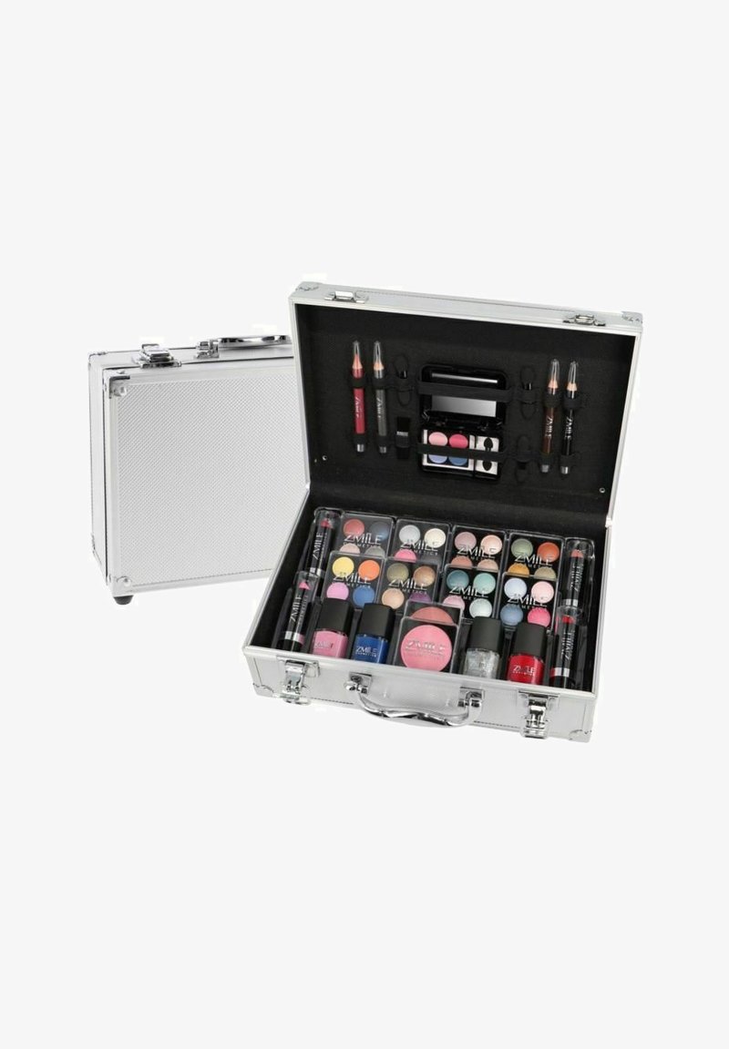 Silver cosmetic case with a textured exterior. Opened, it reveals organized compartments with various colorful makeup products, including lipsticks, eyeshadows, and brushes.