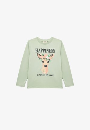 Jasnozielona długosleeve T-shirt z miękkiej bawełny. Zawiera grafikę z jeleniem oraz kwiatami i napis "SZCZĘŚCIE ZAWSZE JEST MOIM NASTROJEM."