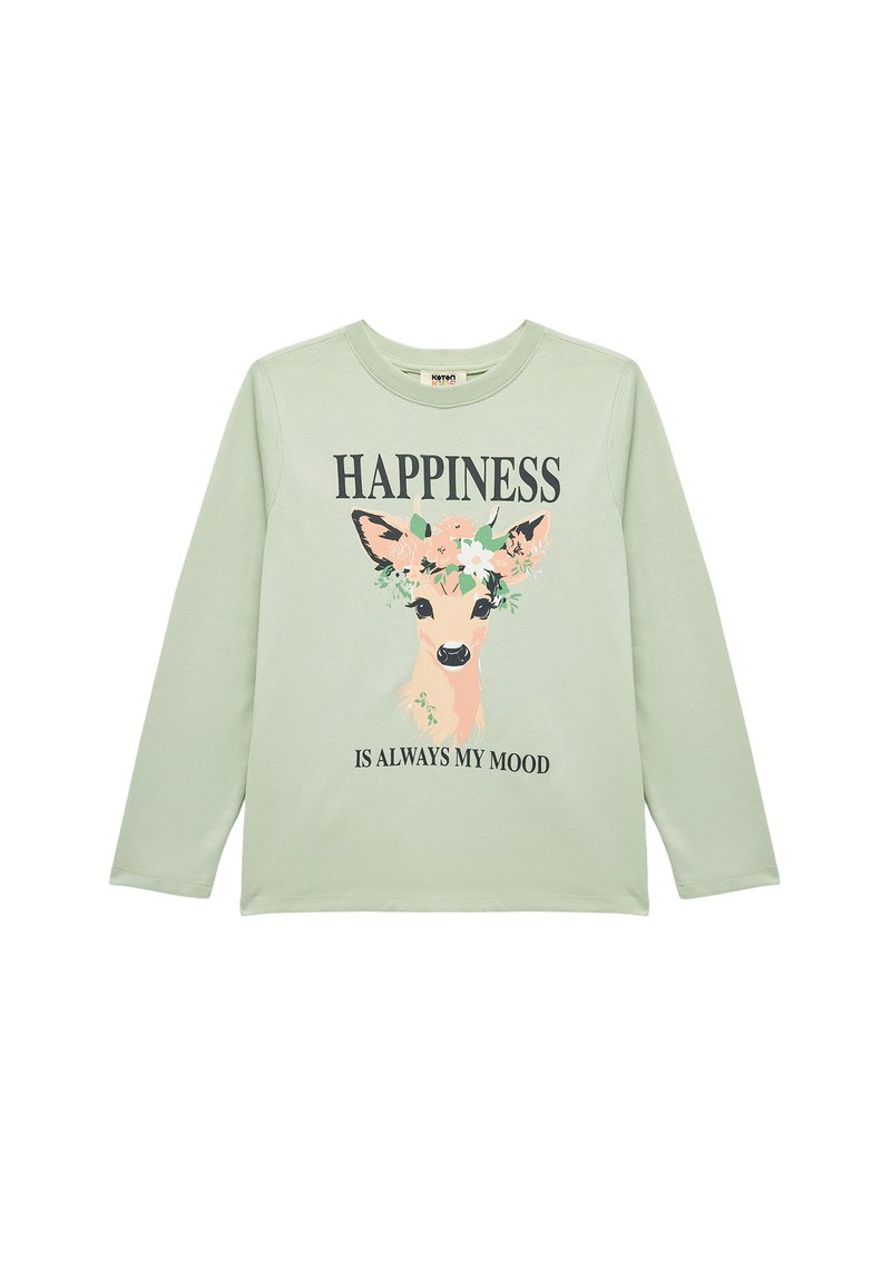 Lichtgroene longsleeve T-shirt van zachte katoen. Heeft een hertgrafiek met bloemen en de tekst "HAPPINESS IS ALWAYS MY MOOD."