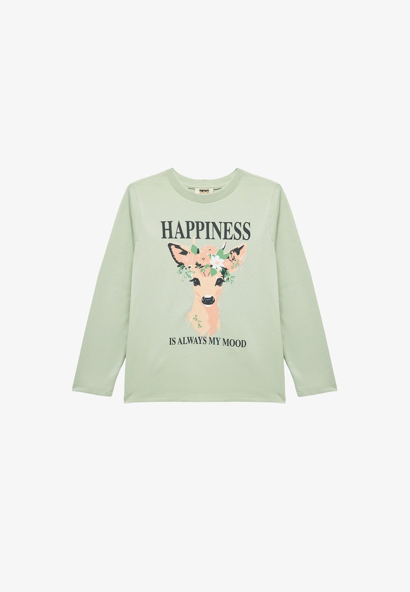 Lichtgroene longsleeve T-shirt van zachte katoen. Heeft een hertgrafiek met bloemen en de tekst "HAPPINESS IS ALWAYS MY MOOD."