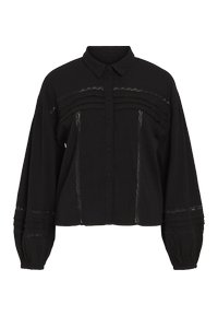 Black button-up shirt with a collar, featuring textured fabric, layered trim accents, and full sleeves with elastic cuffs.