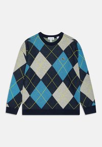 Maglione blu navy con motivo a rombi in grigio chiaro, turchese e accenti gialli. Collo e polsini a coste; logo ricamato sul petto.