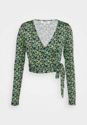 Top preto de manga longa com decote em V, apresentando um padrão floral em verde, azul, laranja e amarelo. Inclui um detalhe de laço na cintura.