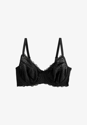 Sutien negru din dantelă cu arcuri, cu modele florale complicate, margini ondulate și bretele din satin ajustabile. Material moale și texturat.