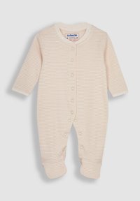 Gestreifter Baby-Body in zartem Pink und Creme. Mit langen Ärmeln, Druckknöpfen entlang der Vorderseite und umschlagbaren Knöcheln. Hergestellt aus Baumwolle.