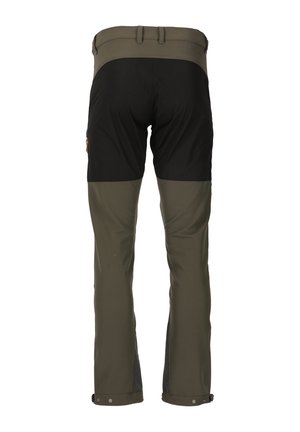Pantaloni da trekking verde oliva e neri con rinforzo sul sedile e polsini regolabili a scatto, mostrati da dietro su uno sfondo bianco.
