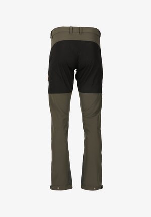 Olive green and black hiking pants with reinforced seat and adjustable snap cuffs, shown from the back on a white background.