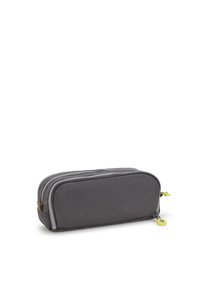 Grå tyg pennfodral med dubbel dragkedja, rund form, texturerad yta och gul dragkedje-accessoar. Kompakt design för enkel förvaring.