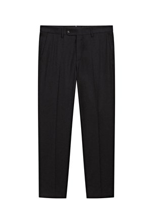 Pantaloni neri realizzati in tessuto liscio, con un design a gamba dritta, tasche anteriori e chiusura con un solo bottone in vita.